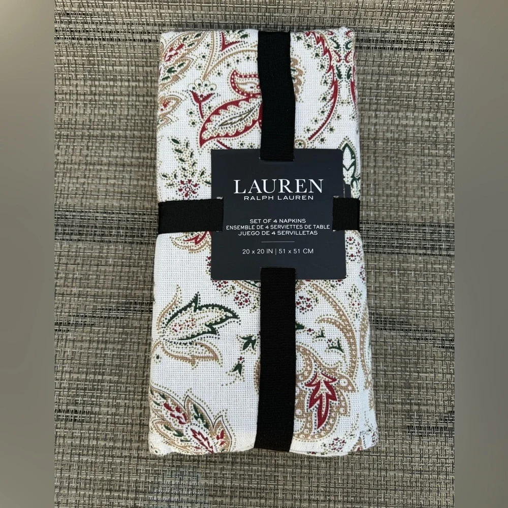 Ralph Lauren Cream Red Green Christmas Paisley Cotton Napkin Set 4pc